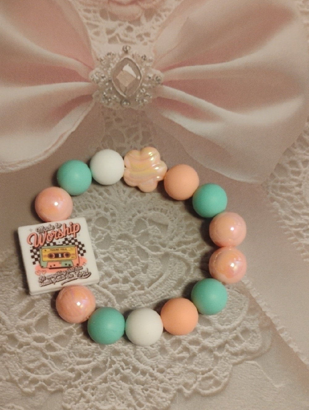 Pastel Bead Stretch Bracelet for Kids - Mint, Peach & White
